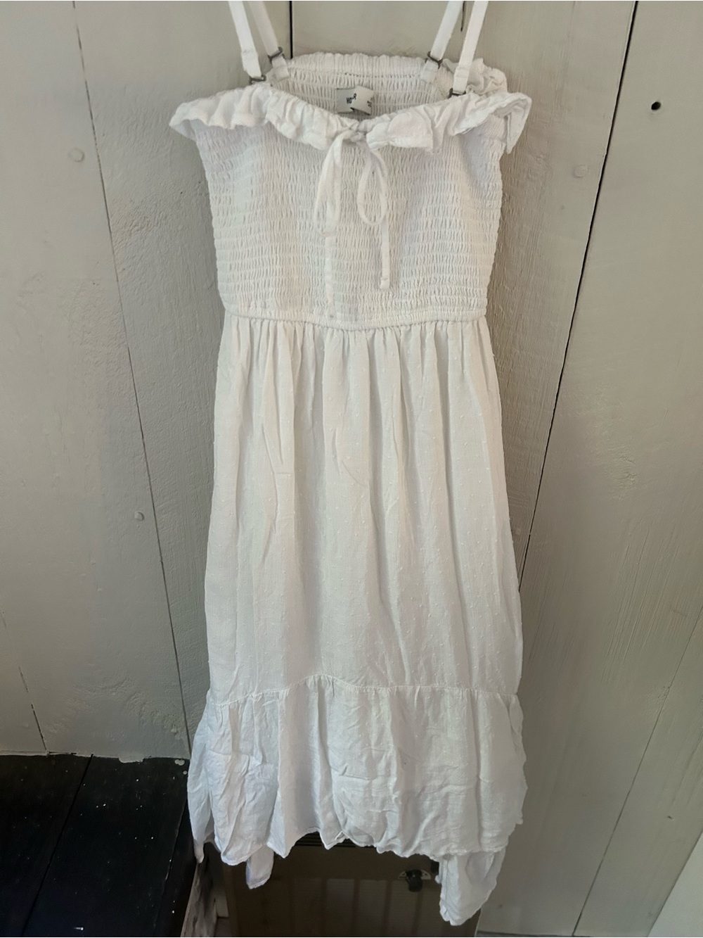 Hollister White Smocked Maxi Sundress with Ruffle Neckline